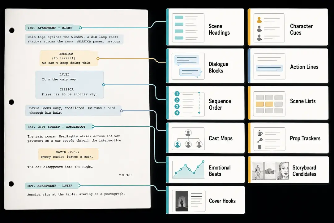Hollywood screenplay signal map showing scene headings, character cues, dialogue blocks, action lines, and sequence order becoming scene lists, cast maps, prop trackers, emotional beats, storyboard candidates, and cover hooks.