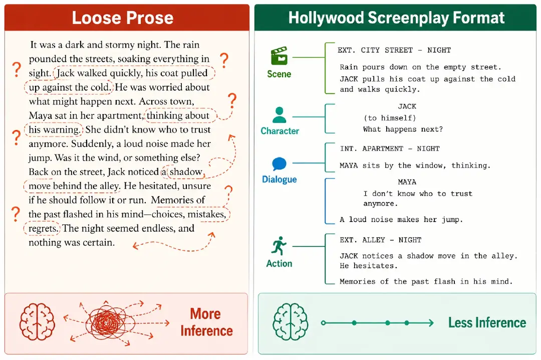 Side-by-side comparison of loose prose and Hollywood screenplay format showing how screenplay format reduces inference for AI script parsing.