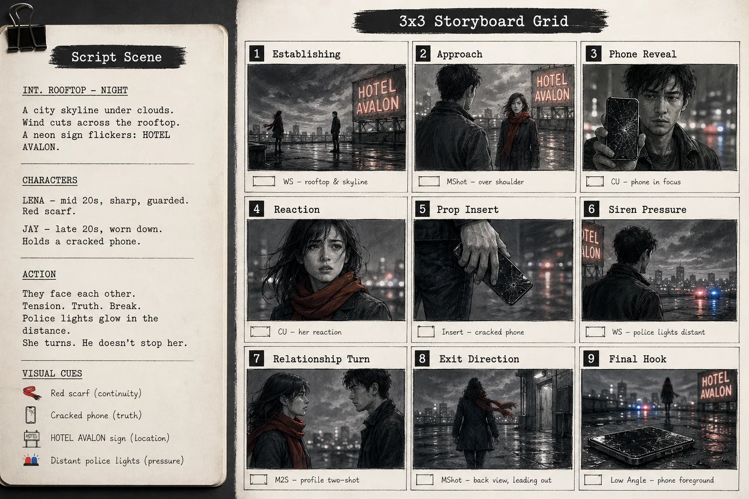 Script to storyboard grid example showing a rooftop breakup scene turned into nine visual beats with framing, continuity, prop, and reveal notes.