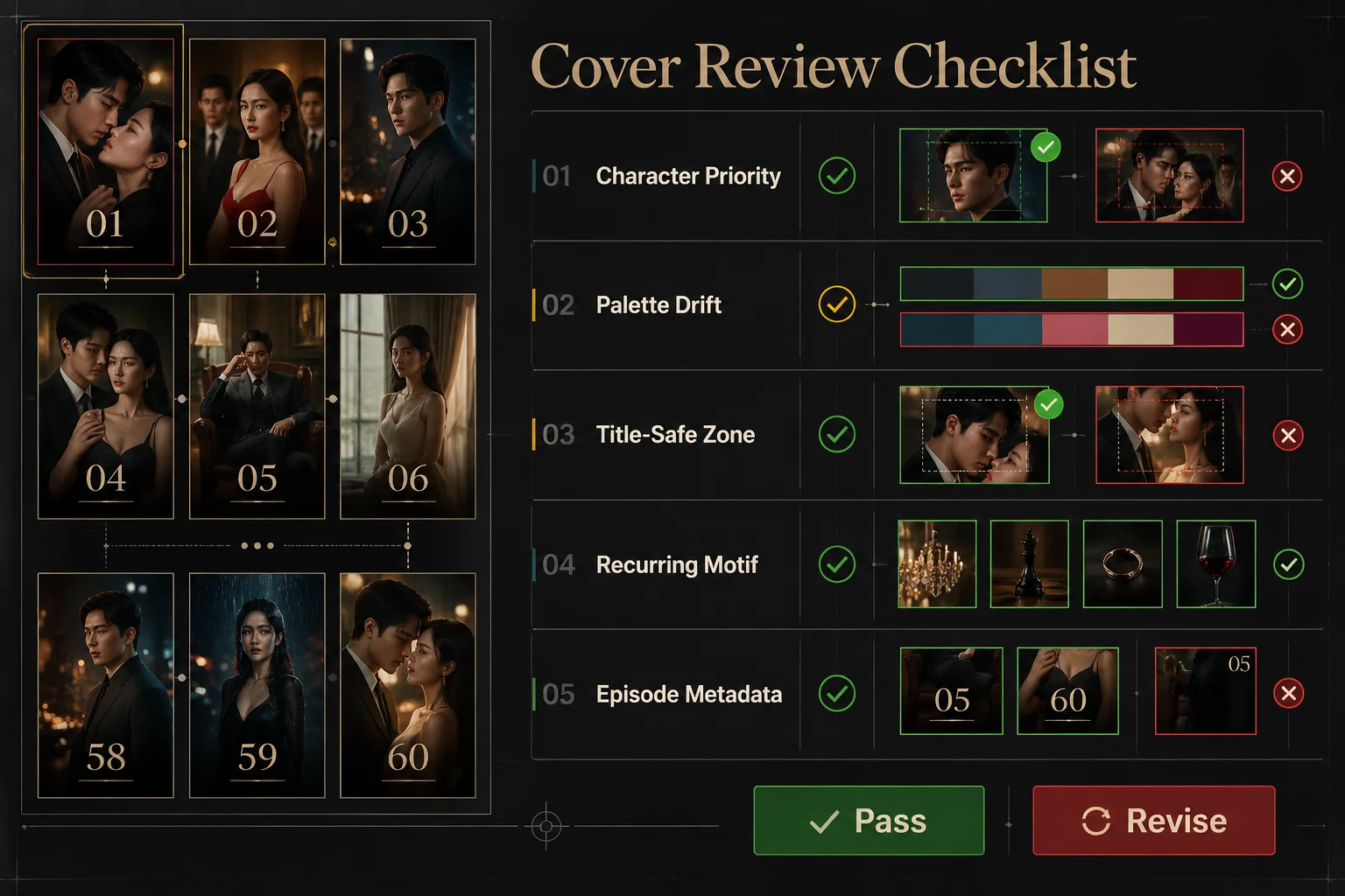 Drama series cover review checklist for checking character priority, palette drift, title-safe zones, recurring motifs, and episode metadata across a full cover sequence.