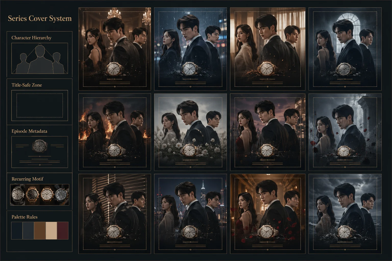 Drama series cover system board showing twelve episode cover thumbnails with consistent character hierarchy, title-safe zones, episode metadata, and recurring visual motif placement.
