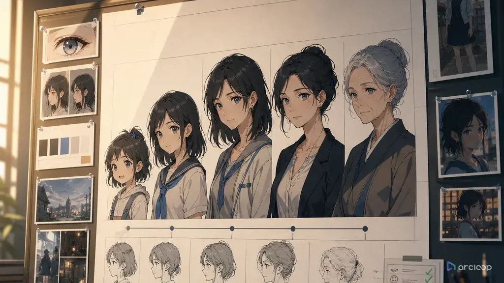 El mismo personaje a cuatro edades, siempre reconocible